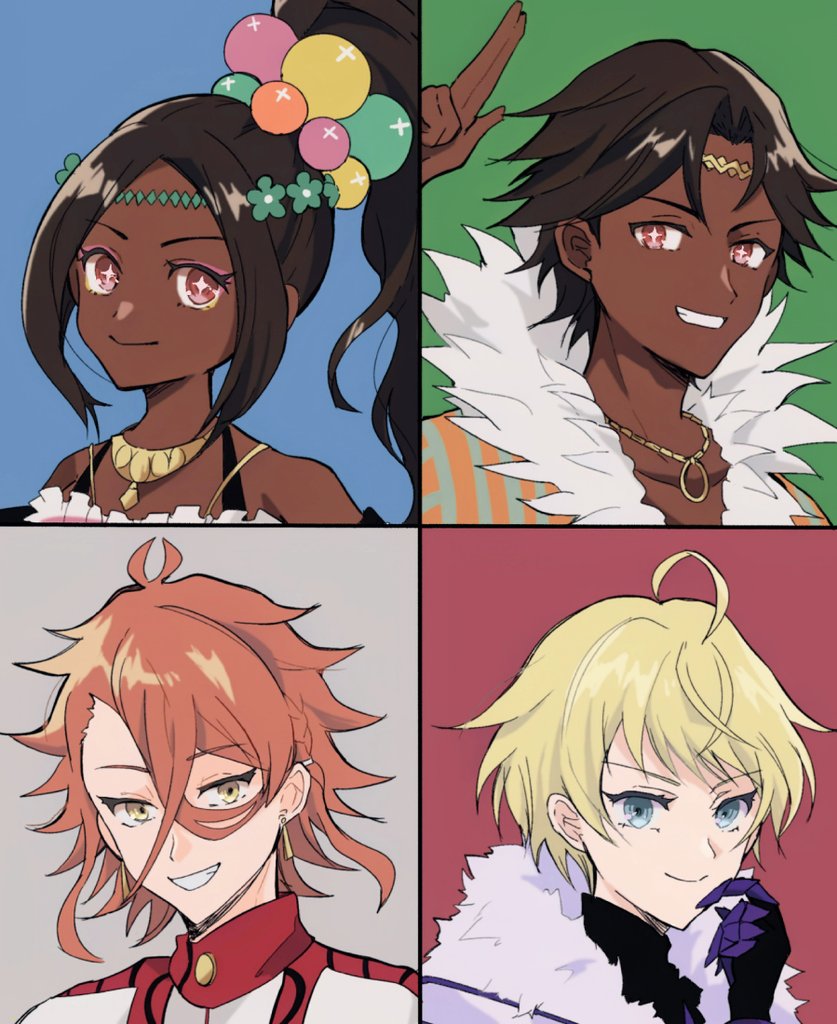 +_+ 2boys 2girls ahoge antenna_hair blonde_hair blue_eyes brown_eyes dark-skinned_female dark-skinned_male dark_skin earrings fire_emblem fire_emblem_engage fogado_(fire_emblem) gold_earrings jewelry merrin_(fire_emblem) messy_hair multiple_boys multiple_girls nintendo oda32t orange_hair pandreo_(fire_emblem) timerra_(fire_emblem) yellow_eyes