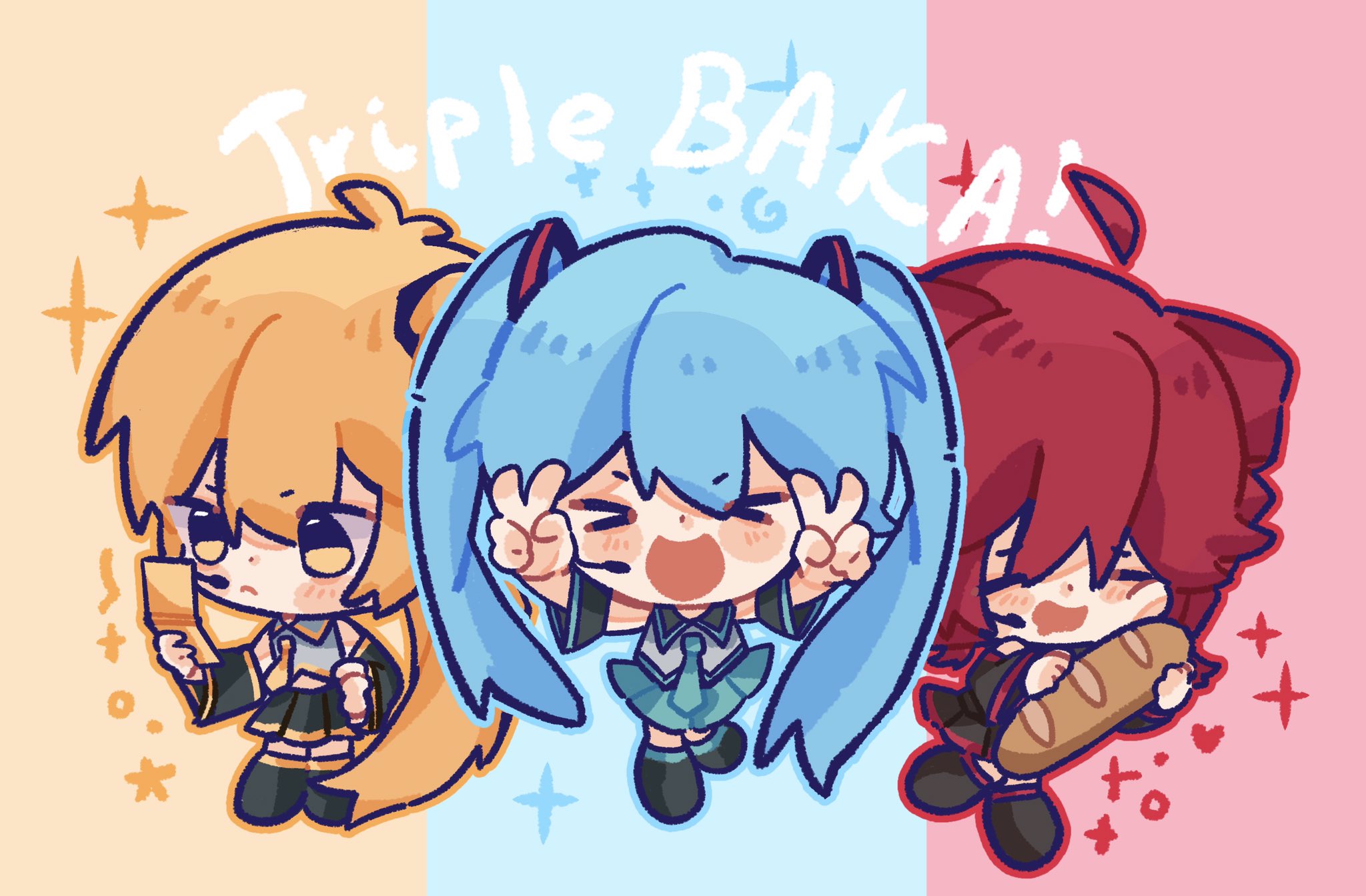 3girls ahoge akita_neru antenna_hair baguette black_footwear black_sleeves blonde_hair blue_background blue_hair blue_sky blue_trim bread cellphone chibi chibi_only closed_eyes closed_mouth collared_shirt detached_ahoge double_v drill_hair drooling food full_body grey_shirt hand_on_own_hip hatsune_miku highres holding holding_food holding_phone kasane_teto microphone moochaakaka multiple_girls necktie open_mouth phone pleated_skirt red_background red_hair red_trim shirt shoes side_ponytail skirt sky sleeveless sleeveless_shirt triple_baka_(vocaloid) twin_drills twintails utau v vocaloid wing_collar yellow_background yellow_eyes yellow_necktie yellow_trim