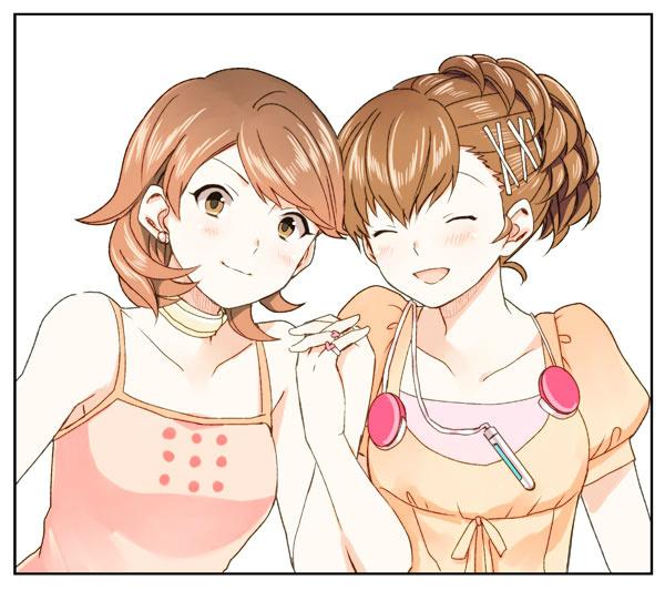 2girls bare_shoulders blush border brown_eyes brown_hair camisole choker closed_eyes closed_mouth collarbone commentary digital_media_player earphones_removed earrings hair_ornament hairclip heart_ring holding_hands jewelry looking_at_viewer multiple_girls open_mouth orange_shirt persona persona_3 persona_3_portable pink_camisole puffy_short_sleeves puffy_sleeves ring shiomi_kotone shirt short_hair short_sleeves smile spaghetti_strap stud_earrings takeba_yukari tokitou_fuji upper_body white_border white_choker
