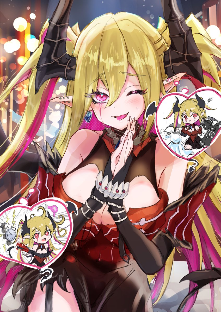 1girl bare_shoulders black_bridal_gauntlets black_horns black_tail black_wings blonde_hair blurry blush bokeh breasts bridal_gauntlets cleavage cleavage_cutout clothing_cutout colored_inner_hair demon_girl demon_horns demon_tail demon_wings depth_of_field dress duel_monster ear_piercing earrings heart horns jewelry lacrima_the_crimson_tears large_breasts long_hair makeup multicolored_hair noppe one_eye_closed open_mouth piercing pointy_ears red_dress red_eyes runny_makeup smile solo tail two-tone_hair two_side_up wings yu-gi-oh! yu-gi-oh!_master_duel