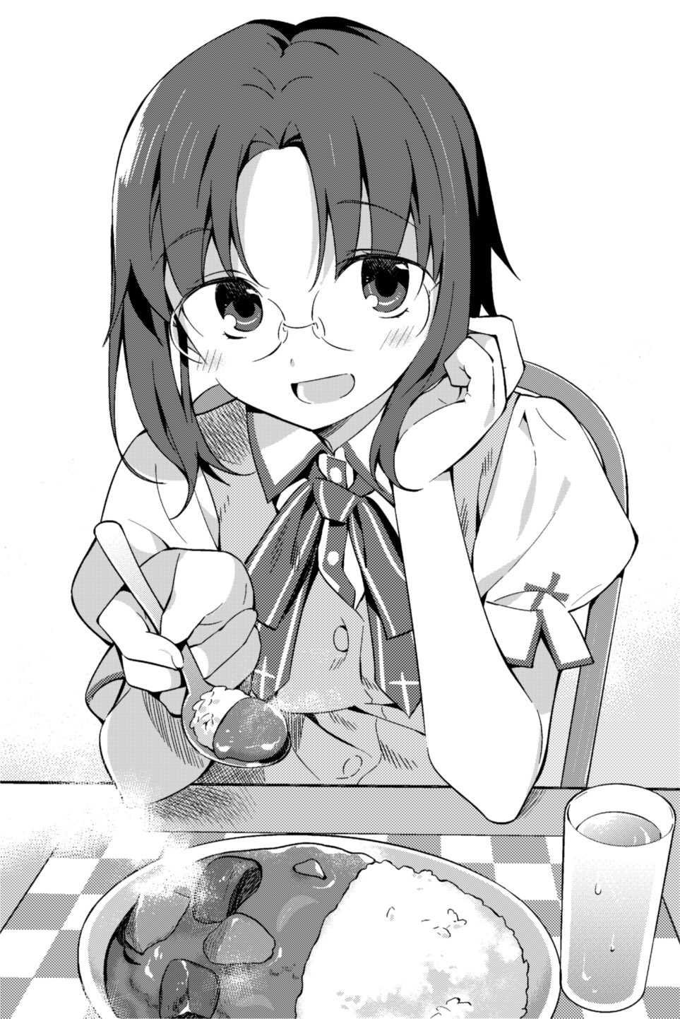 1girl :d alternate_costume blush bow bowtie ciel_(tsukihime) collared_shirt curry curry_rice food glass glasses greyscale hanabana_tsubomi hand_up highres holding holding_spoon incoming_food looking_at_viewer monochrome open_mouth placemat plate rice shirt short_hair short_sleeves simple_background sitting smile solo spoon tsukihime upper_body vest