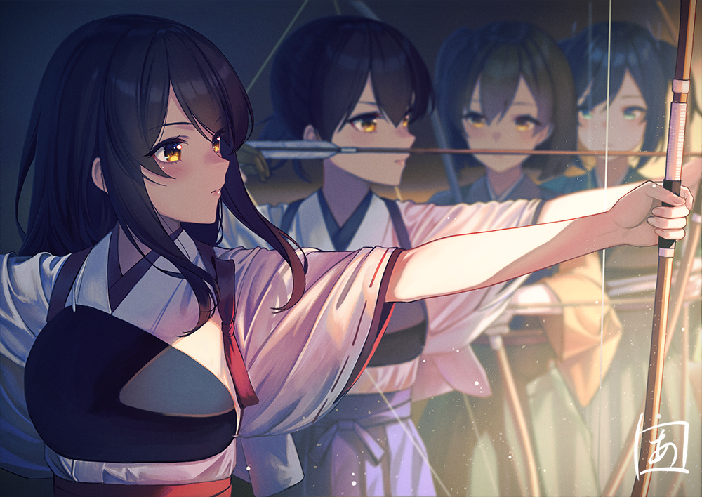 4girls aiming akagi_(kancolle) arrow_(projectile) artist_logo blue_hair blue_hakama bow_(weapon) brown_eyes brown_hair hakama hiryuu_(kancolle) japanese_clothes kaga_(kancolle) kantai_collection logo long_hair multiple_girls muneate red_hakama side_ponytail souryuu_(kancolle) straight_hair tasuki twintails unowen weapon