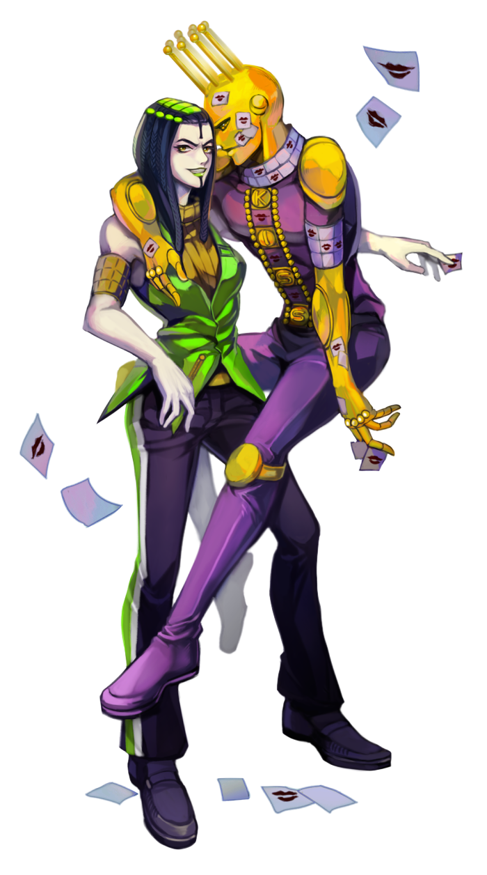 2girls black_hair deyamiro dreadlocks ermes_costello highres jojo_no_kimyou_na_bouken kiss_(stand) multiple_girls scar stand_(jojo) sticker stone_ocean transparent_background turtleneck vest