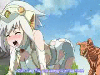 1girl all_fours animated animated_gif ass blush butt_crack crawling closed_eyes koharuno_silk looking_at_viewer looking_back lowres monster open_mouth outdoors silver_hair sky subtitled tree ultimate_girl water