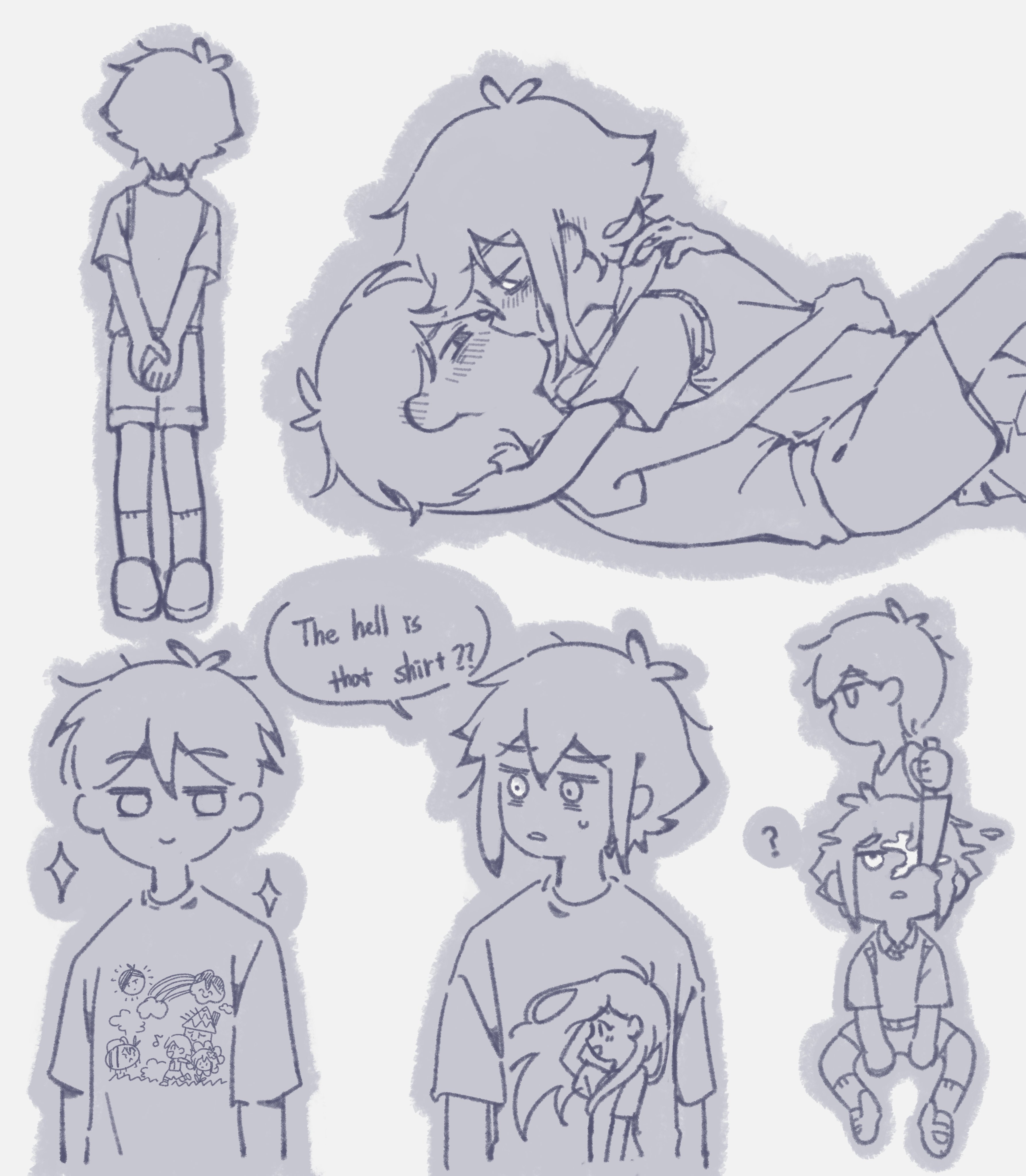 2boys ? absurdres antenna_hair closed_mouth collared_shirt english_text french_kiss greyscale highres holding holding_knife kel_(faraway)_(omori) kel_(omori) kiss knife looking_at_another male_focus mari_(headspace)_(omori) mari_(omori) monochrome multiple_boys omori omori_(omori) open_mouth shirt short_hair short_sleeves shorts sketch smug socks sparkle speech_bubble spoken_question_mark stranger_(omori) sweater_vest t-shirt tank_top thatbirdcanfly yaoi