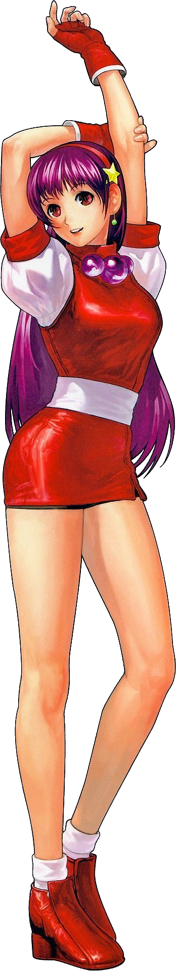 1girl arms_up asamiya_athena bike_shorts bike_shorts_under_skirt breasts brown_eyes dress earrings female_focus gloves headband heel_up hes6789 highres jewelry long_hair looking_at_viewer medium_breasts ogura_eisuke open_mouth pale_skin purple_hair shoes shorts skirt socks standing star_(symbol) the_king_of_fighters thighs white_socks