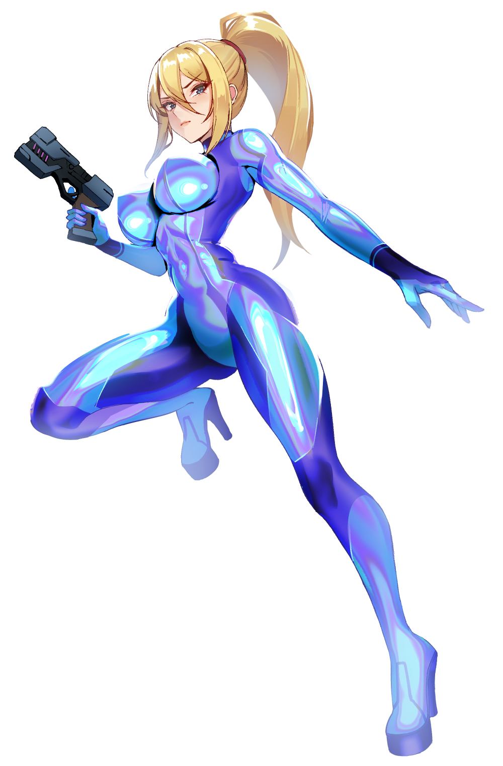 1girl blonde_hair blue_bodysuit blue_eyes bodysuit breasts closed_mouth full_body gun hand_up handgun high_heels high_ponytail highres holding holding_gun holding_weapon knee_up large_breasts long_hair looking_at_viewer metroid nintendo outstretched_arm plasma_pistol ponytail samus_aran simple_background skin_tight solo transparent_background v-shaped_eyebrows very_long_hair volyz weapon zero_suit