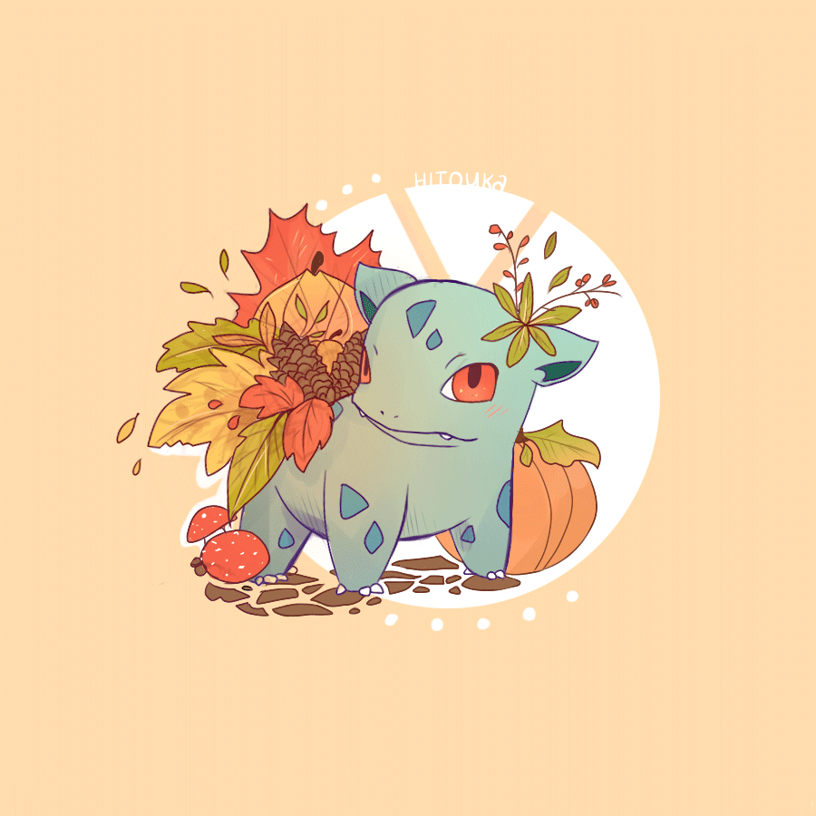 animal_focus animated animated_gif autumn autumn_leaves brown_background closed_mouth commentary english_commentary fangs full_body gen_1_pokemon hitouka ivysaur leaf looking_at_viewer looping_animation mushroom nintendo no_humans nostrils pinecone pokemon pokemon_(creature) pumpkin signature solo