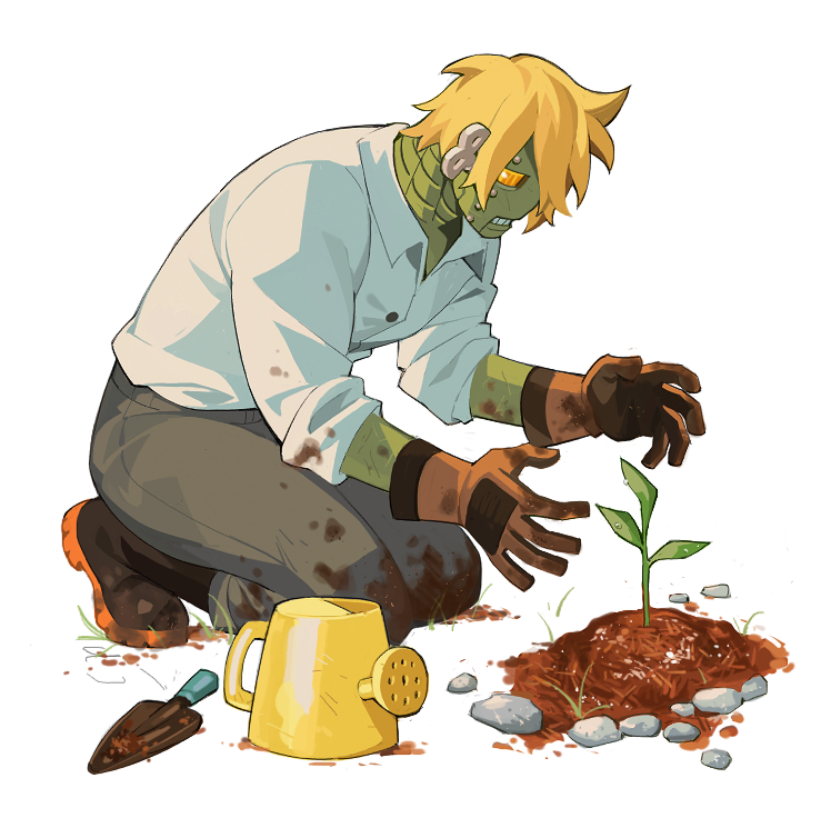1boy blonde_hair buttons clothed_robot collared_shirt colored_skin commentary dirty dirty_clothes english_commentary full_body gardening gloves green_skin grey_pants guilty_gear guilty_gear_xrd humanoid_robot kneeling leaf male_focus pants parted_bangs pebble plant robo-ky robot shirt short_hair sleeves_rolled_up soil solo sorrysap sprout watering_can white_background white_shirt wing_collar yellow_eyes