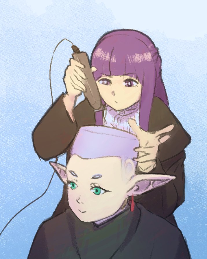 2girls barber_cape black_coat choso_giving_toudou_a_haircut_(meme) closed_mouth coat cutting_another&#039;s_hair cutting_hair earrings electric_razor elf fade_(haircut) fern_(sousou_no_frieren) frieren green_eyes grey_hair hime_cut holding jewelry long_hair long_sleeves meme multiple_girls pointy_ears purple_eyes purple_hair razor robertofurutart smile sousou_no_frieren