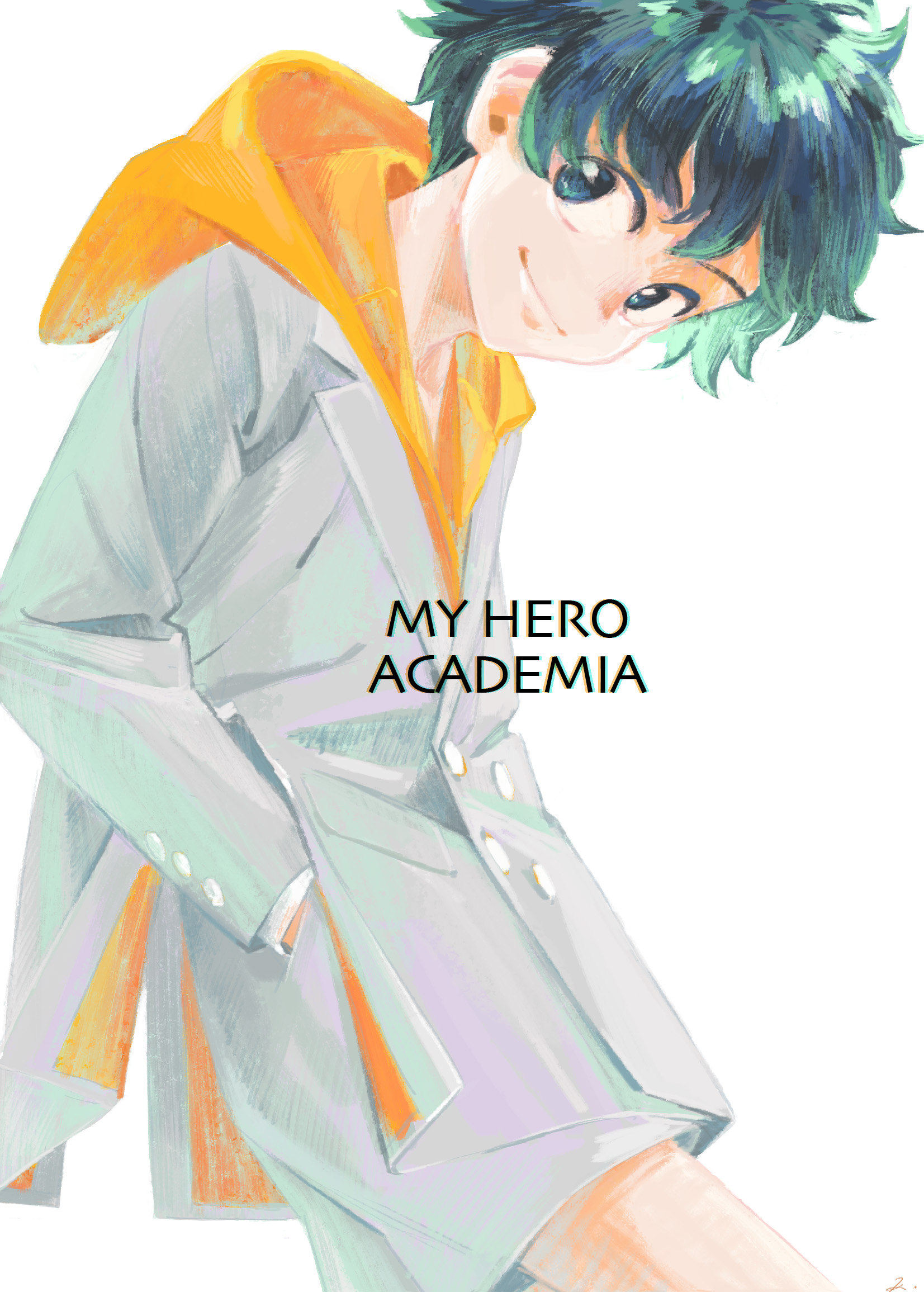 1boy boku_no_hero_academia character_name commission from_side green_eyes green_hair hand_in_pocket highres hood hood_down hoodie jacket kayo lapels leaning_forward long_sleeves looking_to_the_side midoriya_izuku notched_lapels orange_hoodie orange_pants pants short-hair simple_background smile solo standing white_background white_jacket