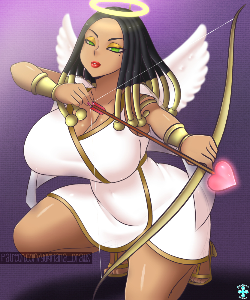 1girl alternate_costume ancient_egyptian angel angel_wings armband arrow_(projectile) black_hair bow bracer breasts cleavage curvy dark-skinned_female dark_skin dragon_ball dragon_ball_super dress eyelashes eyeshadow fingernails green_eyes halloween halloween_costume halo heart heart_arrow helles huge_breasts kneeling large_breasts lips lipstick long_hair makeup miniskirt mole mole_under_eye nail_polish pink_nails red_lips sandals skirt solo that-girl-whodraws thick_lips thick_thighs thighs toes white_dress white_wings wings yukihana_draws