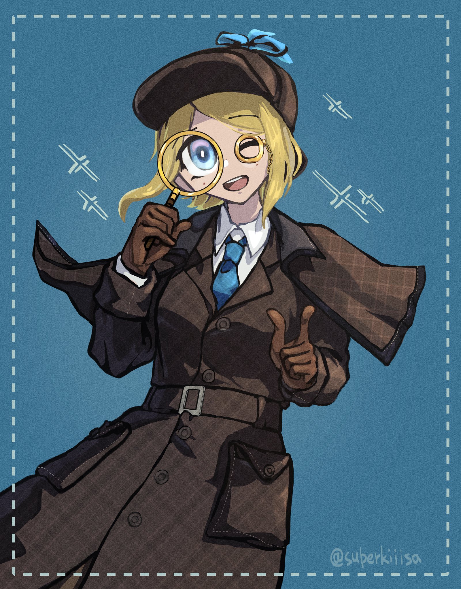 1girl ;d blonde_hair blue_background blue_eyes blue_necktie border brown_coat brown_gloves brown_hat coat collared_coat collared_shirt detective emma_woods emma_woods_(lady_truth) gloves hat highres holding holding_magnifying_glass identity_v lily_(superkiiisa) long_sleeves magnifying_glass monocle necktie one_eye_closed open_mouth shirt short_hair smile solo trench_coat twitter_username white_shirt