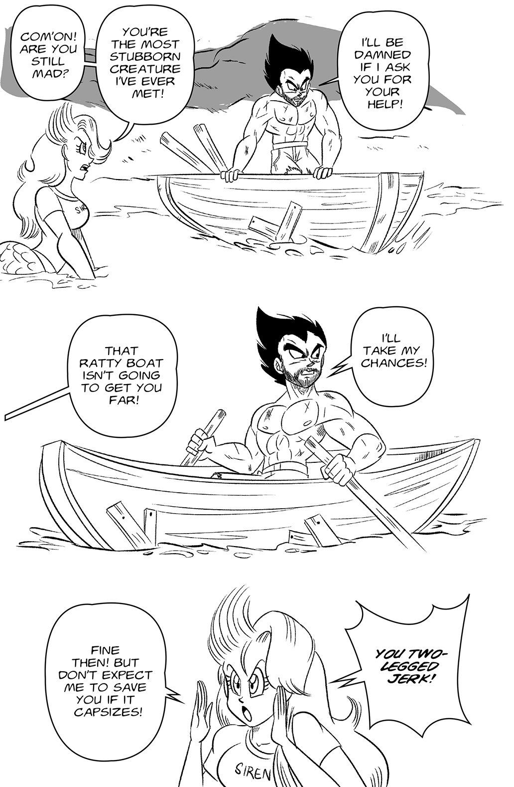 1boy 1girl black_eyes black_hair breasts bulma dragon_ball dragonball_z english_text facial_hair funsexydb greyscale hands_up highres long_hair medium_breasts mermaid monochrome monster_girl muscular muscular_male oars rowing scales shirt shorts shouting speech_bubble spiked_hair stubble topless_male torn_clothes torn_shorts