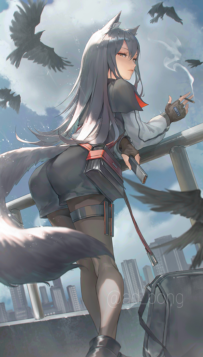 1girl adpong animal_ear_fluff animal_ears arknights ass bag bird black_boots black_capelet black_hair black_shorts boots brown_eyes brown_gloves building capelet cigarette city closed_mouth cloud cloudy_sky fingerless_gloves gloves hair_between_eyes highres holding holding_cigarette jacket long_hair long_sleeves looking_at_viewer looking_back on_roof on_rooftop outdoors rooftop short_shorts shorts sky smoke solo tail texas_(arknights) thigh_strap thighs white_jacket wolf_ears wolf_girl wolf_tail