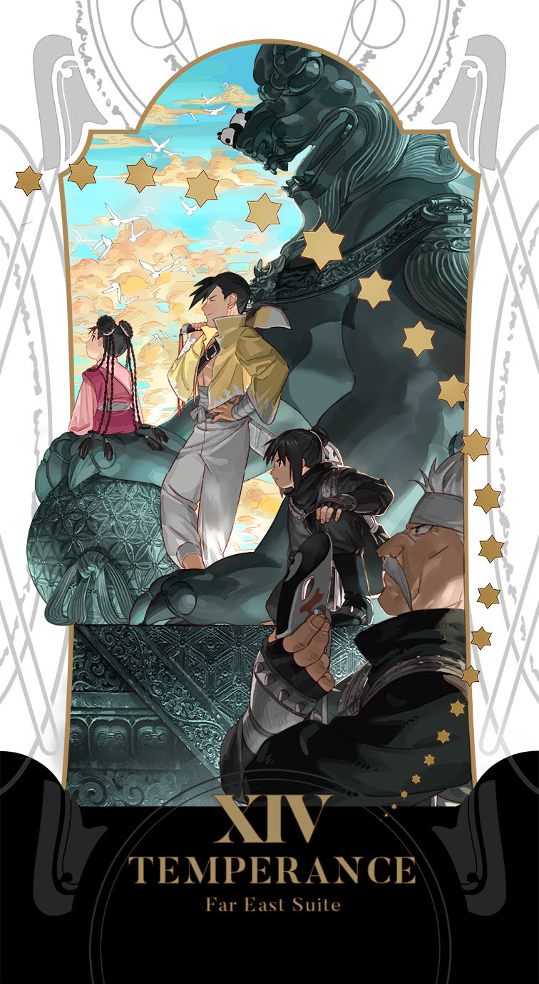 2boys 2girls bandaged_arm bandages black_hair braid card_(medium) chinese_clothes closed_eyes closed_mouth dao_(weapon) dress emmmerald facial_hair from_side fu_(fma) fullmetal_alchemist grey_hair hand_on_own_hip headband highres holding holding_sword holding_weapon jacket lan_fan ling_yao may_chang multiple_boys multiple_girls mustache old old_man open_clothes open_jacket outdoors over_shoulder panda pants sanpaku smile star_(symbol) statue sword tarot tarot_(medium) temperance_(tarot) weapon weapon_over_shoulder white_pants xiao-mei