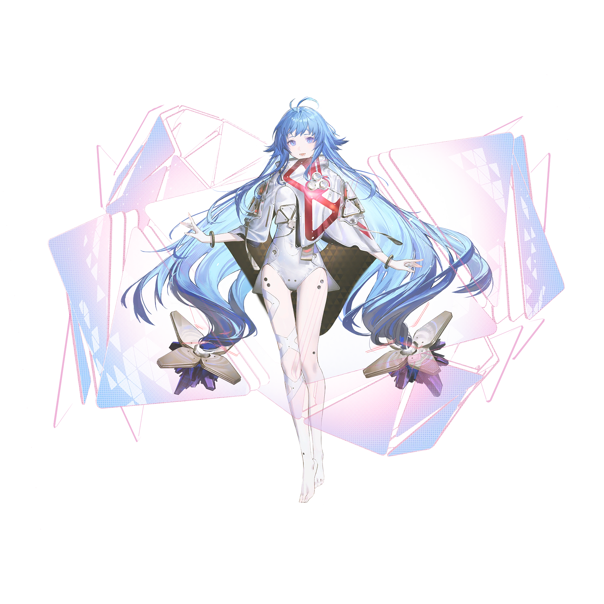 1girl ahoge artist_request barefoot blue_eyes blue_hair eniac_(neural_cloud) full_body game_cg girls&#039;_frontline girls&#039;_frontline_neural_cloud highres hologram leotard long_hair official_art shawl solo standing tachi-e third-party_source transparent_background twintails white_leotard white_shawl