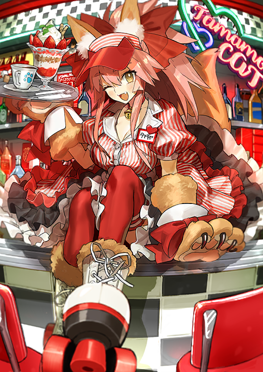 1girl ;d animal_ear_fluff animal_ears animal_hands bell boots bow breasts buttons character_name choker claws cleavage cup diner dress fang fate/grand_order fate_(series) fisheye food fox_ears fox_girl fox_tail frilled_dress frills fruit fur-trimmed_boots fur_gloves fur_trim gloves hair_between_eyes hair_bow hand_up hat holding holding_tray indoors jingle_bell knees_up lapels long_hair long_sidelocks looking_at_viewer name_tag neck_bell notched_lapels official_art on_counter one_eye_closed open_mouth orange_eyes parfait paw_gloves pawpads pink_hair ponytail puffy_short_sleeves puffy_sleeves red_bow red_choker red_dress red_hat red_thighhighs roller_skates saucer shoelaces short_dress short_sleeves sidelocks sitting skates smile solo spoon strawberry strawberry_parfait striped_clothes striped_dress tail tamamo_(fate) tamamo_cat_(fate) tamamo_cat_(lostroom_outfit)_(fate) teacup thighhighs third-party_source tray vertical-striped_clothes vertical-striped_dress visor_cap wada_arco wafer_stick white_boots wrist_bow