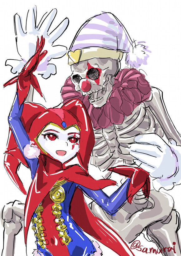 1boy 1girl bodysuit bright_pupils chrono_cross commentary_request facepaint gloves harle_(chrono_cross) harlequin hat holding_hands hollow_eyes jester_cap leotard multicolored_leotard red_eyes red_gloves red_leotard s-a-murai simple_background skelly smile white_background