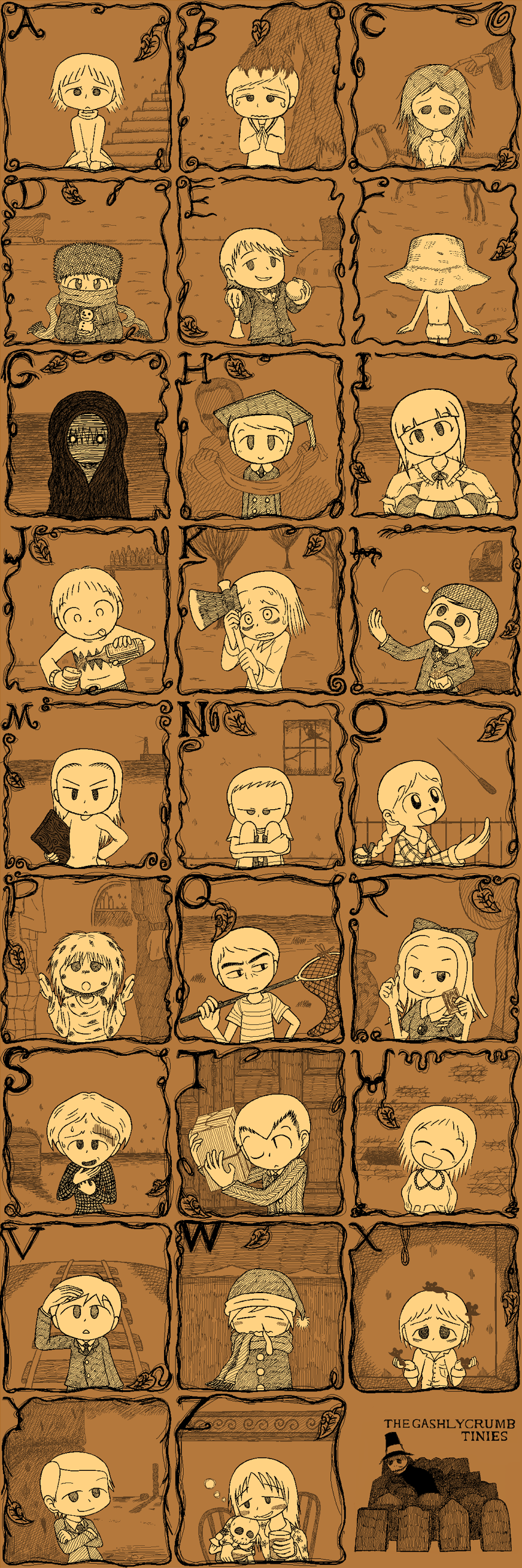 6+boys 6+girls :p absurdres alcohol alphabet amy_(gashlycrumb_tinies) axe bags_under_eyes basil_(gashlycrumb_tinies) bear bears bed bell board bruise bug clara_(gashlycrumb_tinies) closed_eyes copyright_name crossed_arms death death_(entity) depressed desmond_(gashlycrumb_tinies) dragonfly drunk ernest_(gashlycrumb_tinies) explosive eyeleteer fanny_(gashlycrumb_tinies) fishing_net food fruit fur_hat george_(gashlycrumb_tinies) grim_reaper hair_ribbon hand_on_head hat hector_(gashlycrumb_tinies) highres ice ida_(gashlycrumb_tinies) injury innertube insect james_(gashlycrumb_tinies) kate_(gashlycrumb_tinies) kazuma_(tire//7jny) lake leaf leech leo_(gashlycrumb_tinies) lighthouse long_image manhole matches maud_(gashlycrumb_tinies) mortarboard mouse_(animal) multiple_boys multiple_girls murder neville_(gashlycrumb_tinies) ocean olive_(gashlycrumb_tinies) open_mouth peach pillar poison prue_(gashlycrumb_tinies) quentin_(gashlycrumb_tinies) railroad_tracks reclining rhoda_(gashlycrumb_tinies) ribbon rug scarf sepia shaded_face sharp skinny skull sleigh smile snot stairs sun_hat susan_(gashlycrumb_tinies) swallowing sweat swim_ring tack tall_image tears the_gashlycrumb_tinies throwing titus_(gashlycrumb_tinies) tombstone tongue tongue_out tree twitching una_(gashlycrumb_tinies) ushanka victor_(gashlycrumb_tinies) water weapon wetland window winnie_(gashlycrumb_tinies) xerxes_(gashlycrumb_tinies) yorick_(gashlycrumb_tinies) zillah_(gashlycrumb_tinies)