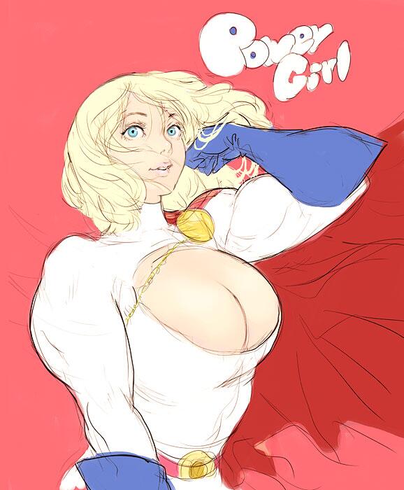 1girl aqua_eyes blonde_hair blue_gloves bodysuit breasts cape cleavage cleavage_cutout clothing_cutout dc_comics gloves hand_in_own_hair ittoku_art large_breasts medium_hair muscular muscular_female parted_lips pink_background power_girl power_girl_(1976_costume) red_cape sketch solo upper_body white_bodysuit