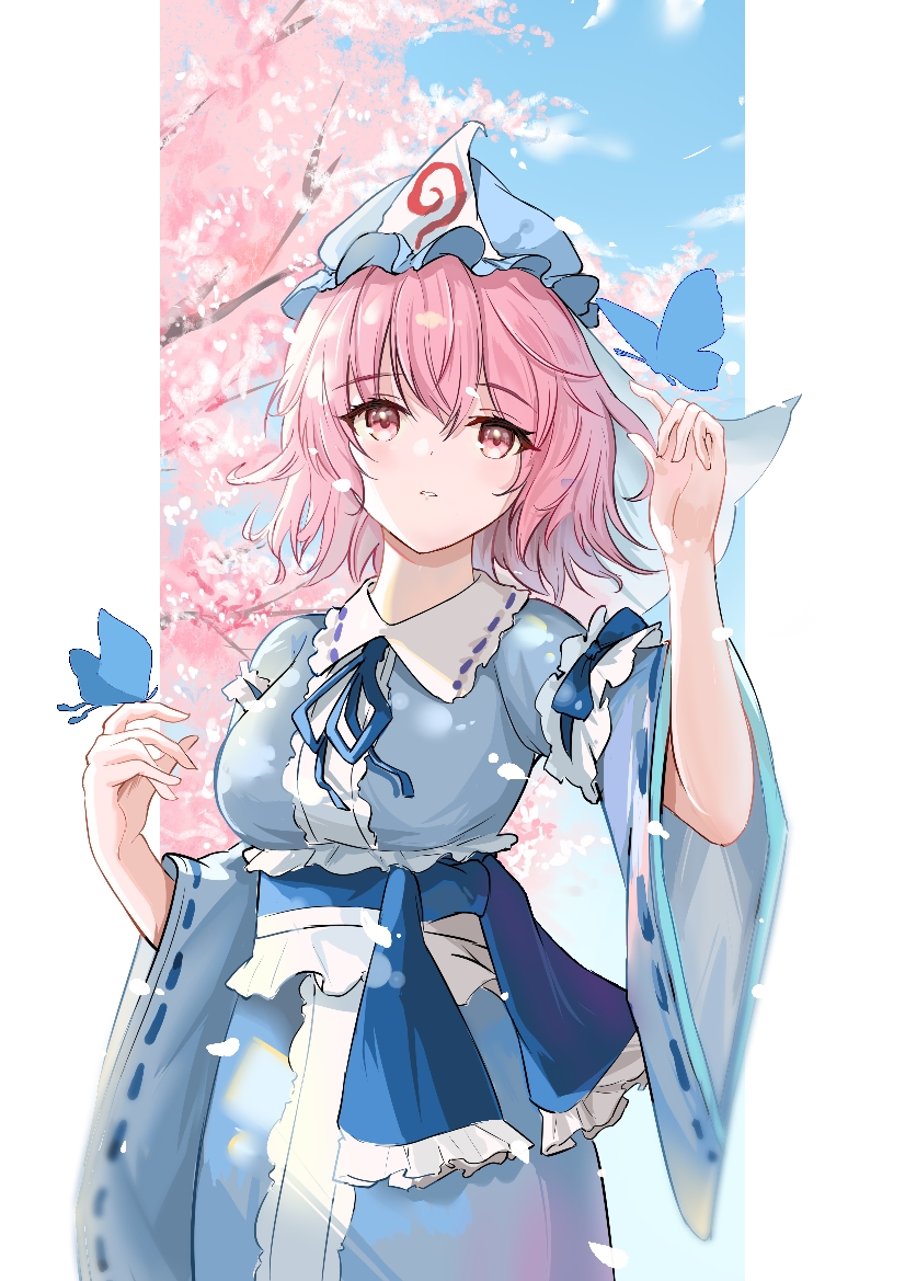 1girl blue_dress blue_hat blue_ribbon breasts bug butterfly butterfly_on_hand crossed_bangs dress hair_between_eyes hakugyokurou_no_oojou-sama hat insect long_sleeves medium_breasts medium_hair neck_ribbon parted_lips pink_eyes pink_hair ribbon ribbon-trimmed_sleeves ribbon_trim saigyouji_yuyuko solo standing touhou wide_sleeves