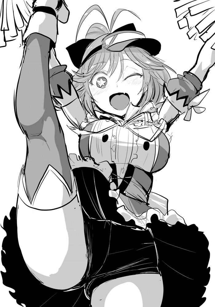 1girl ;d antenna_hair arms_up breasts cheering cheerleader greyscale hair_between_eyes holding holding_pom_poms ken_(koala) large_breasts leg_up long_hair looking_at_viewer magia_record:_mahou_shoujo_madoka_magica_gaiden magical_girl mahou_shoujo_madoka_magica monochrome one_eye_closed open_mouth pom_pom_(cheerleading) pom_poms shorts simple_background skirt smile solo split standing standing_on_one_leg standing_split star_(symbol) star_in_eye symbol_in_eye utsuho_natsuki visor_cap white_background