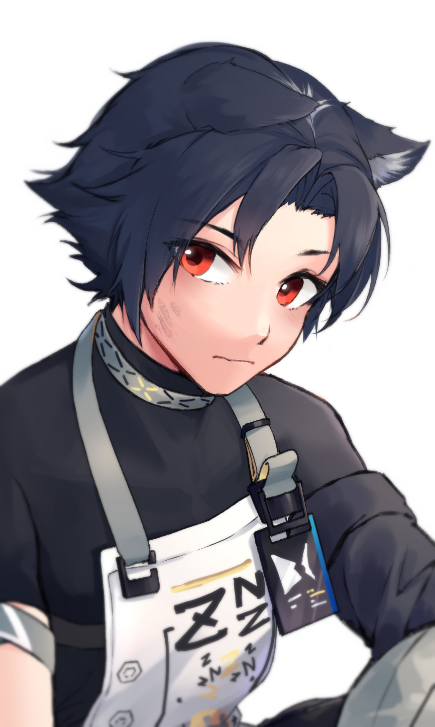 1boy animal_ears apron arknights armband black_hair black_shirt closed_mouth commentary dirty dirty_face dog_boy dog_ears frown grey_armband highres id_card infection_monitor_(arknights) looking_at_viewer male_focus red_eyes shirt short_hair short_sleeves solo upper_body white_apron windflit_(arknights) xia_bao_(wulalala)