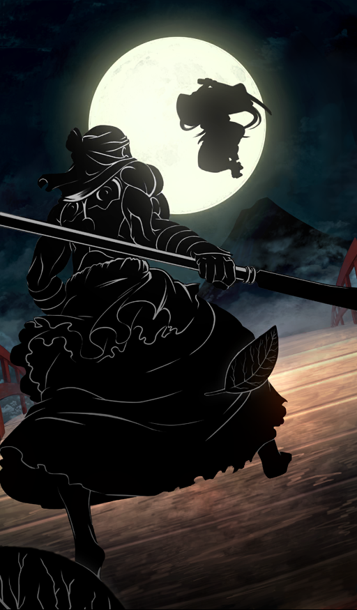 1boy 1girl black_background black_sky black_theme bridge commentary duel fate/grand_order fate_(series) fighting_stance from_behind full_moon holding holding_polearm holding_sword holding_weapon lasengle midair moon musashibou_benkei_(fate) night night_sky official_art outdoors polearm silhouette sky sword third-party_source ushiwakamaru_(fate) weapon