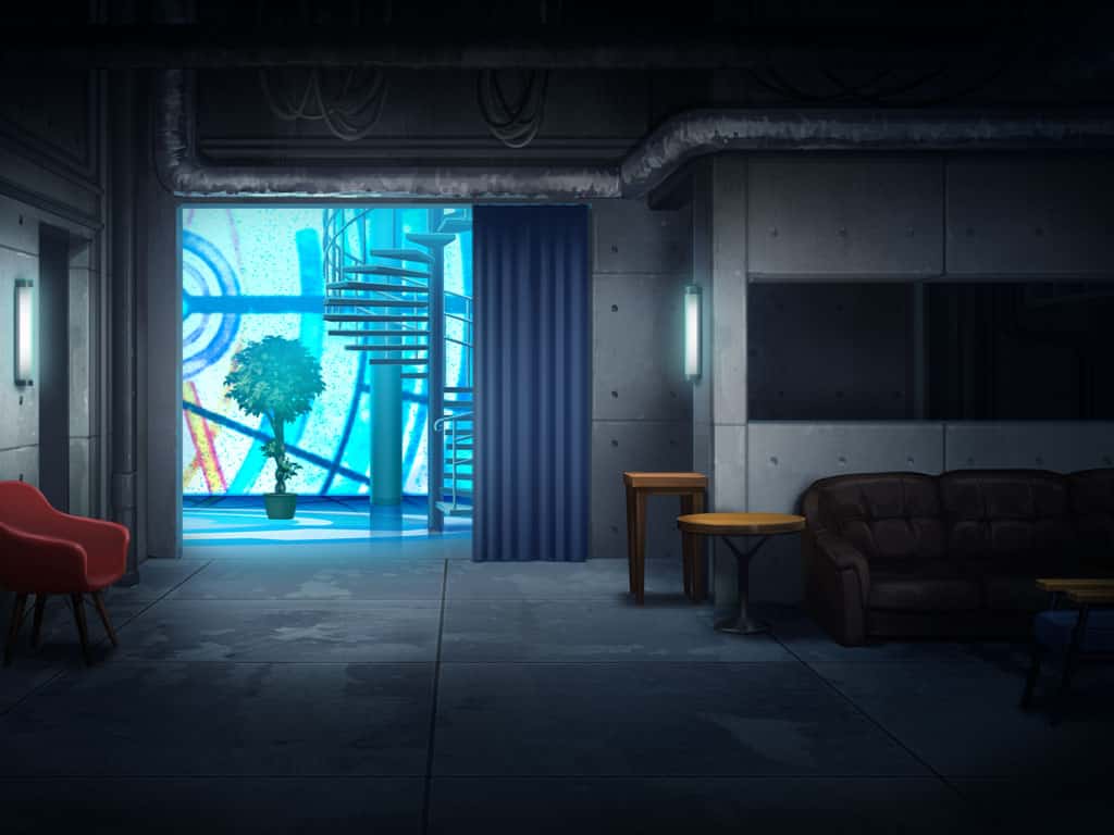armchair artist_request chair couch curtains dark doorway game_cg indoors industrial_pipe living_room magia_record:_mahou_shoujo_madoka_magica_gaiden mahou_shoujo_madoka_magica night no_humans official_art plant potted_plant scenery shadow spiral_staircase stained_glass stairs table tile_floor tile_wall tiles