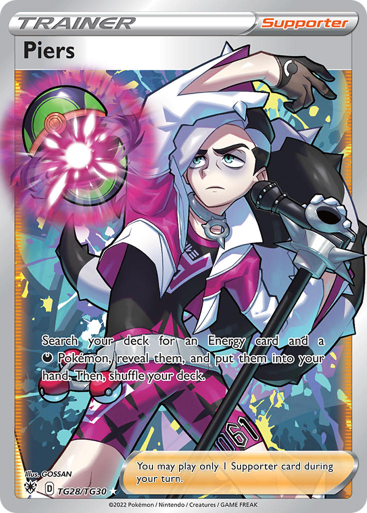 1boy arm_up artist_name asymmetrical_gloves black_hair black_shirt card_(medium) character_name choker closed_mouth company_name copyright_name copyright_notice dusk_ball english_text gloves gossan green_eyes grey_choker jacket long_hair long_sleeves male_focus mismatched_gloves multicolored_hair nintendo official_art open_clothes open_jacket open_poke_ball piers_(pokemon) pink_shorts poke_ball poke_ball_(basic) pokemon pokemon_card pokemon_swsh pokemon_tcg shirt shorts solo third-party_source throwing throwing_poke_ball trading_card two-tone_hair white_hair white_jacket