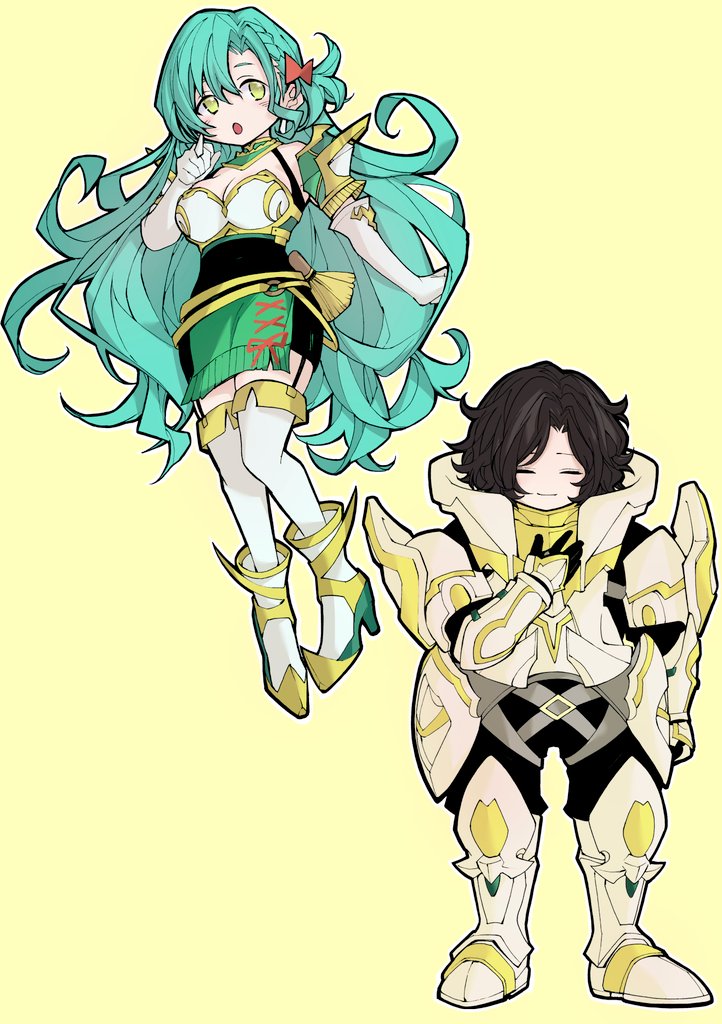 1boy 1girl aqua_hair armor bow braid breastplate breasts brown_hair chloe_(fire_emblem) closed_eyes earrings facing_viewer fire_emblem fire_emblem_engage gloves green_eyes konnichi_warou large_breasts louis_(fire_emblem) nintendo orange_bow plate_armor shoulder_armor side_braid teardrop_earrings white_armor white_gloves