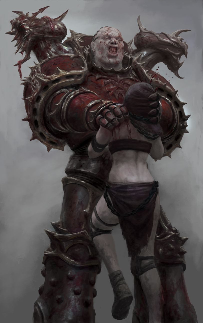 1boy 1girl adeptus_astartes alex_cristi armor bare_shoulders blood breastplate cable chaos_(warhammer) chaos_space_marine clenched_teeth gauntlets gold_trim grabbing greaves hair_tubes highres holding khorne khorne_berserker lifting_another&#039;s_clothes looking_down looking_up pauldrons power_armor red_armor shoulder_armor sister_repentia space_marine spiked_armor spiked_pauldrons teeth tube vambraces warhammer_40k wide-eyed world_eaters