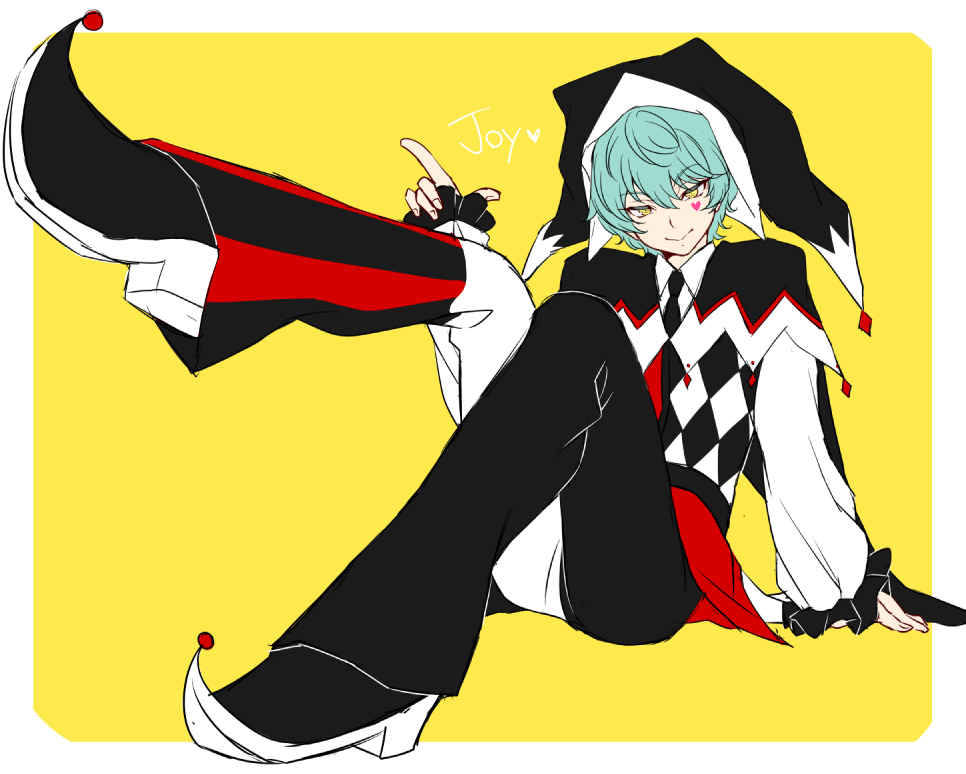 1boy :&gt; argyle arm_support black_necktie blue_hair crossed_legs flat_color frilled_sleeves frills full_body half-closed_eyes harlequin hat heart heart_tattoo index_finger_raised jester jester_cap king_of_prism king_of_prism_by_prettyrhythm leg_up looking_at_viewer male_focus necktie okachimachi_tsurugi outside_border pointy_footwear pom_pom_(clothes) pretty_rhythm pretty_series simple_background solo take_no_ko tattoo yellow_background yellow_eyes