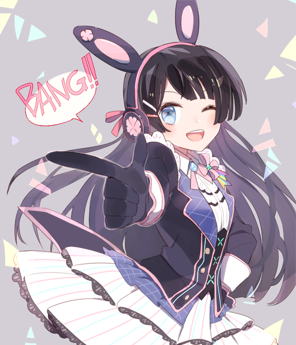 1girl animal_ear_headphones animal_ears bang_(gesture) black_gloves black_jacket blue_eyes brown_hair commentary_request confetti cowboy_shot english_text fake_animal_ears finger_gun foreshortening gloves grey_background hair_ornament hairclip hand_on_own_hip headphones jacket long_hair long_sleeves looking_at_viewer neck_ribbon nijisanji one_eye_closed open_mouth pink_ribbon pointing pointing_at_viewer rabbit_ear_headphones ribbon shirt skirt smile solo sou_(tuhut) speech_bubble teeth tsukino_mito tsukino_mito_(13th_costume) upper_teeth_only virtual_youtuber white_shirt white_skirt