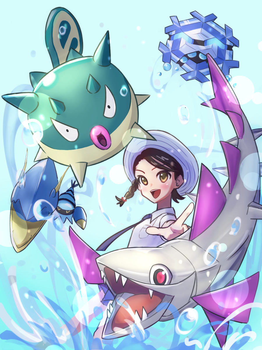 1girl :d braid breast_pocket brown_hair clawitzer collared_shirt commentary_request cryogonal gen_2_pokemon gen_5_pokemon gen_6_pokemon hat highres juliana_(pokemon) necktie nintendo open_mouth outstretched_arm pocket pointing pokemon pokemon_(creature) pokemon_sv qwilfish shiriusu shirt short_sleeves smile teeth tongue upper_teeth_only veluza water