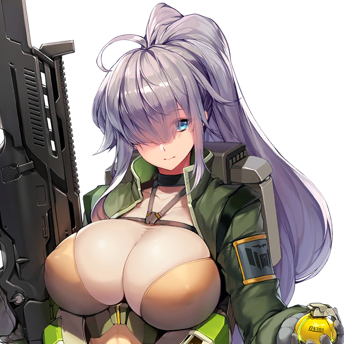 1girl ahoge assault_rifle blue_eyes blunt_bangs bodysuit bodysuit_under_clothes breasts chest_strap closed_mouth covered_erect_nipples explosive female_focus game_cg gloves gnome_(last_origin) grenade gun hair_between_eyes hair_over_one_eye hair_tuft head_tilt high_collar holding holding_grenade holding_gun holding_rifle holding_weapon huge_breasts jacket last_origin long_hair looking_at_viewer military_jacket official_art one_eye_covered ponytail purple_hair rifle skindentation snowball22 transparent_background upper_body weapon