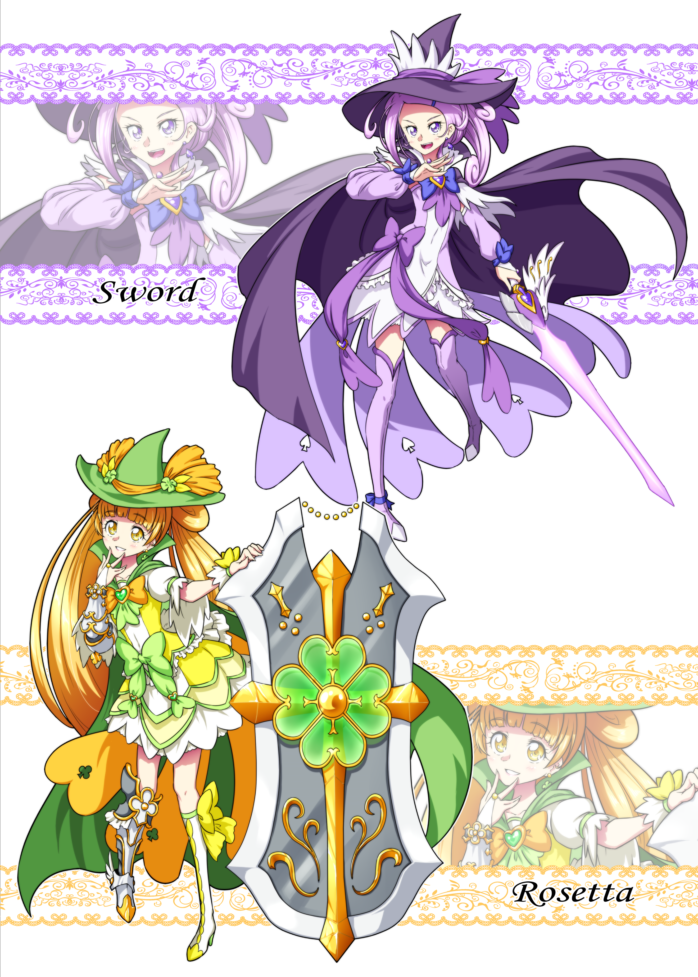 2girls :d absurdres adapted_costume alternate_costume asymmetrical_clothes boots bow cape character_name commentary_request cure_rosetta cure_sword detached_sleeves dokidoki!_precure dress earrings eyelashes hair_ornament happy hat highres jewelry kenzaki_makoto large_hat looking_at_viewer magical_girl mahou_girls_precure! matatabi_(karukan222) multiple_girls open_mouth orange_hair ponytail precure puffy_short_sleeves puffy_sleeves purple_bow purple_dress purple_eyes purple_footwear purple_hair purple_thighhighs shield short_hair short_sleeves side_ponytail smile standing sword thigh_boots thighhighs thighs twintails weapon witch witch_hat wrist_cuffs yellow_eyes yotsuba_alice