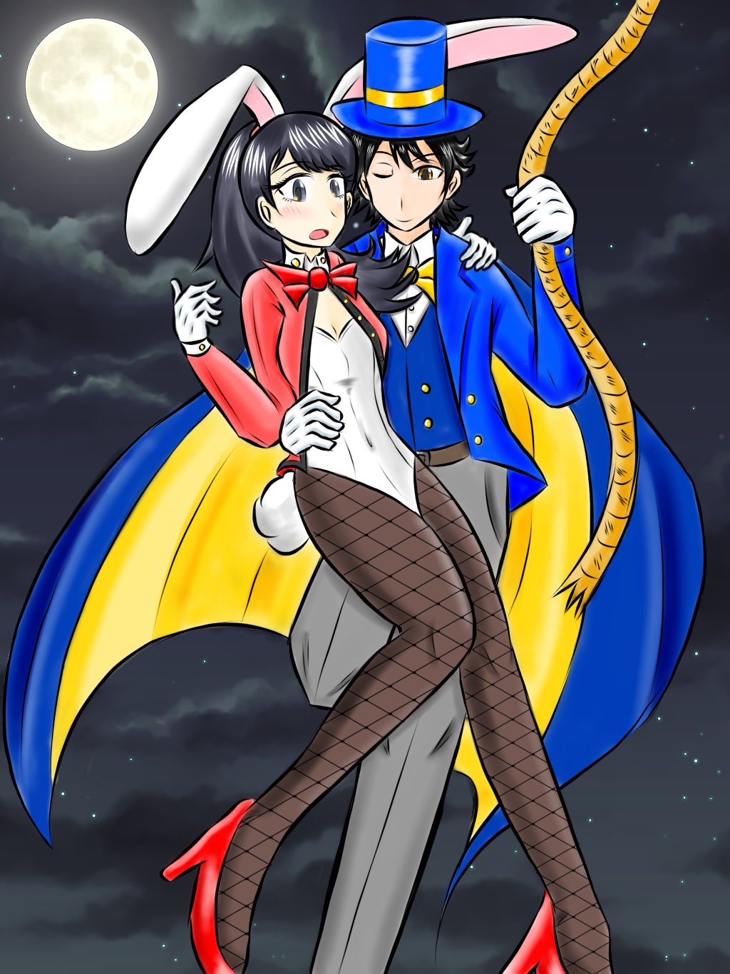 couple digimon full_moon hat highres leotard momotsuka_takuma moon night night_sky playboy_bunny shibuya_aoi sky