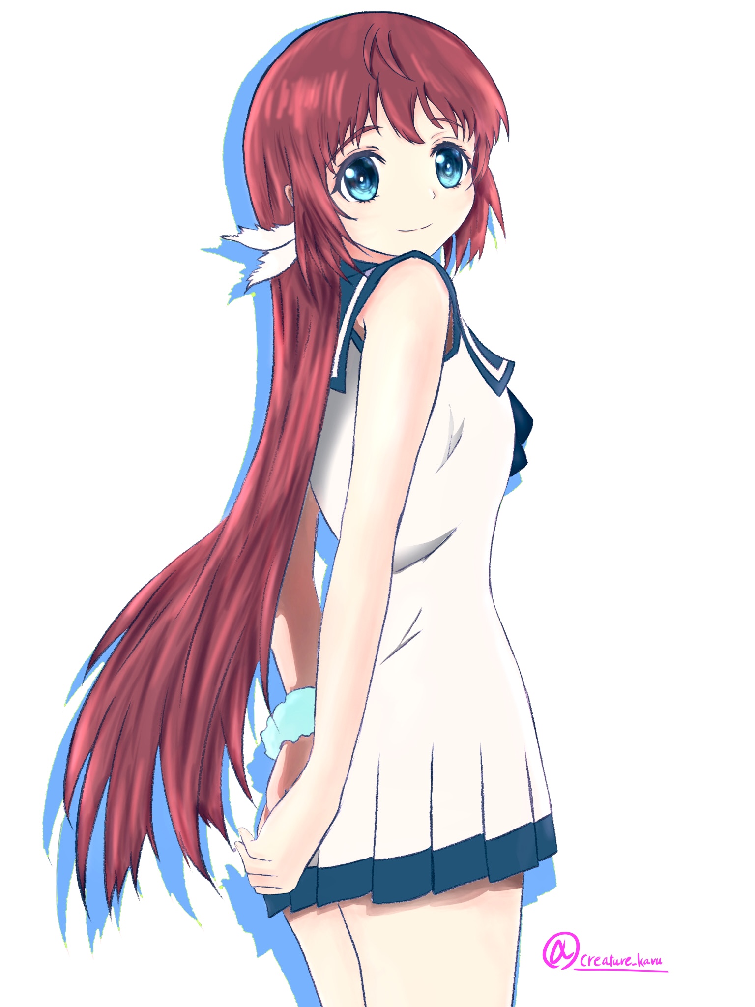 1girl arms_behind_back blue_eyes blue_sailor_collar brown_hair cowboy_shot dress highres long_hair mukaido_manaka nagi_no_asukara nami_junior_high_school_uniform neck_ribbon nekojita_kavu pleated_dress ribbon sailor_collar sailor_dress school_uniform serafuku simple_background sleeveless sleeveless_dress solo white_background white_dress