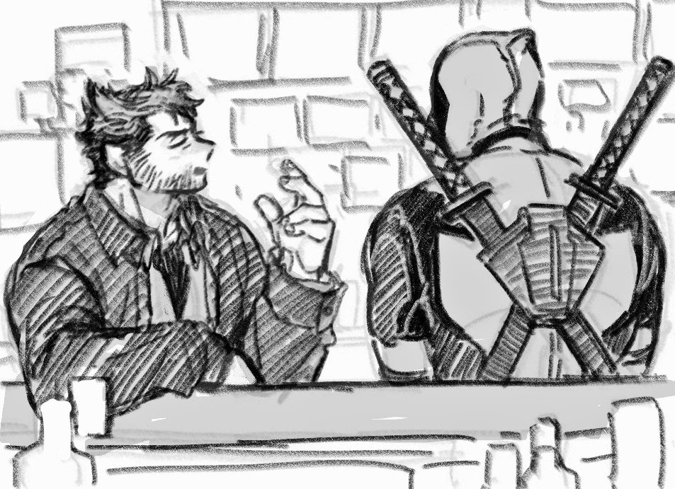 2boys alcohol back bar_(place) beard bottle collared_shirt deadpool deadpool_&amp;_wolverine deadpool_(series) dishing facial_hair greyscale hand_up katana long_sleeves male_focus marvel marvel_cinematic_universe mask mature_male monochrome multiple_boys muscular muscular_male open_mouth shirt superhero_costume sword sword_on_back talking weapon weapon_on_back wolverine_(x-men)