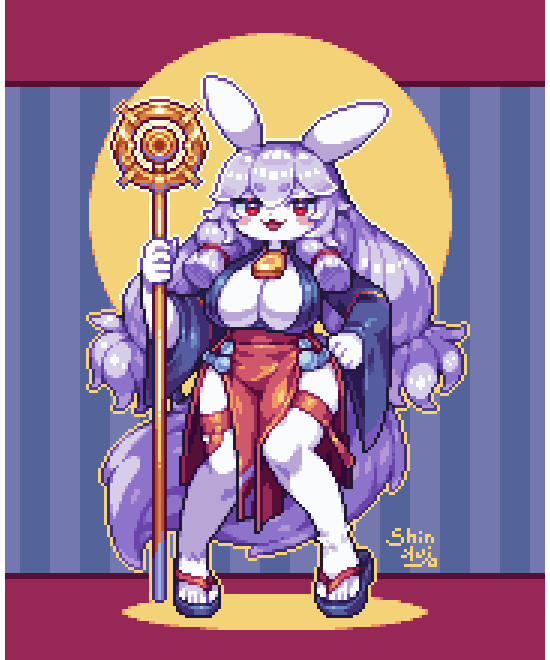 1girl animal_ears bell blush_stickers breasts character_request check_copyright cleavage colored_skin commentary_request copyright_request curvy full_body geta giant_ojou-sama hand_on_own_hip holding holding_staff jewelry large_breasts long_hair neck_bell open_mouth pelvic_curtain pixel_art purple_hair rabbit_ears rabbit_girl red_eyes shinku_castle signature simple_background solo staff thighlet very_long_hair white_skin