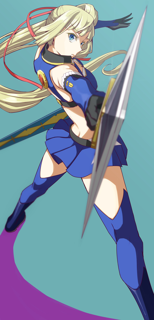10s 1girl bad_id bad_pixiv_id bare_shoulders blonde_hair blue_boots blue_eyes blue_thighhighs boots elbow_gloves female_focus foreshortening from_behind fumiya-taketatsu gloves limalisha long_hair looking_at_viewer madan_no_ou_to_vanadis pleated_skirt side_ponytail skirt solo sword thighhighs weapon