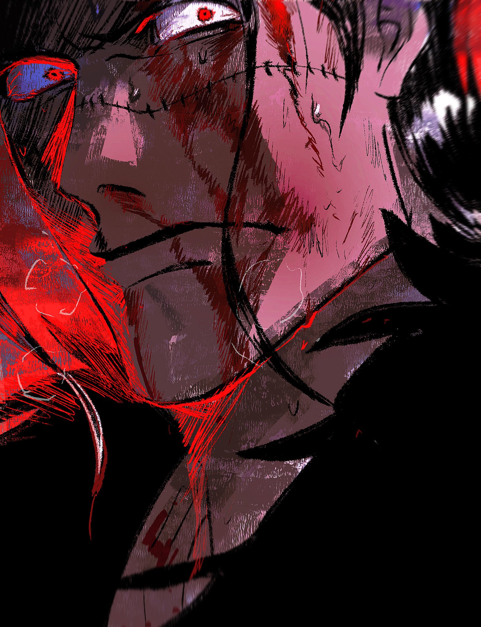 1boy blood blood_on_face bloodshot_eyes close-up closed_mouth constricted_pupils crocodile_(one_piece) frown fyrthik highres looking_to_the_side male_focus nosebleed one_piece portrait red_eyes scar scar_on_face sideways_glance solo upper_body