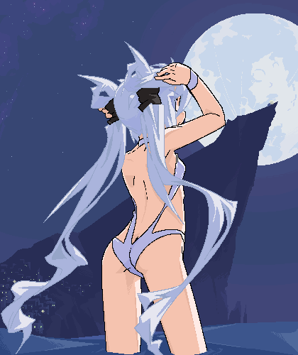 1girl ass city cliff female_focus flat_chest full_moon hair_ribbon hairband lights long_hair lowres mof mof&#039;s_silver_haired_twintailed_girl moon night outdoors ribbon silver_hair sky solo star_(symbol) swimsuit twintails very_long_hair water