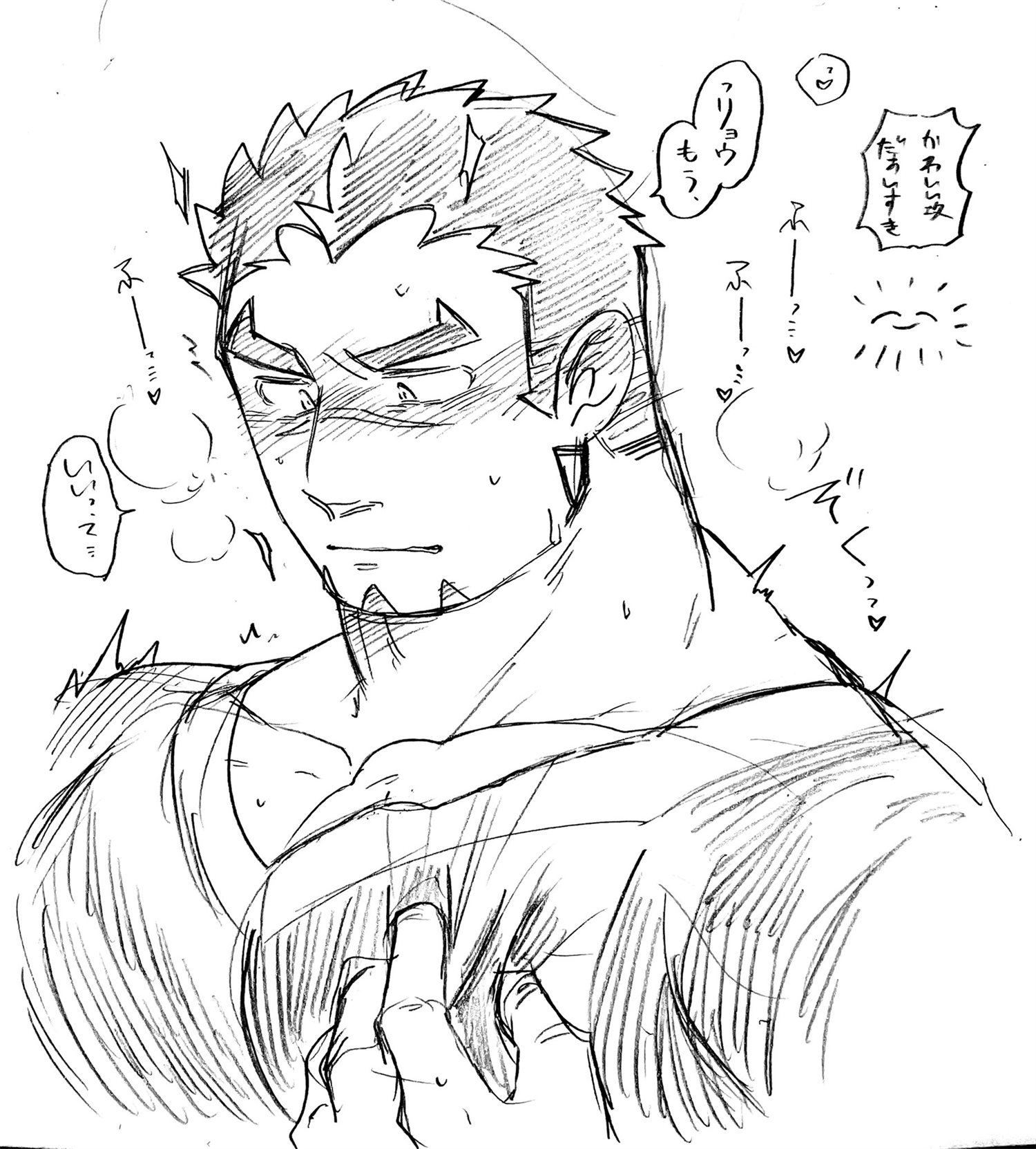 1boy akashi_(live_a_hero) bara bulge cropped_torso facial_hair fujishima_kazuya goatee grabbing_own_pectoral greyscale highres large_pectorals live_a_hero long_sideburns looking_down male_focus monochrome muscular muscular_male pectoral_cleavage pectorals scar scar_on_face scar_on_nose short_hair sideburns sketch smiley_face solo sweat thick_eyebrows thick_neck translation_request