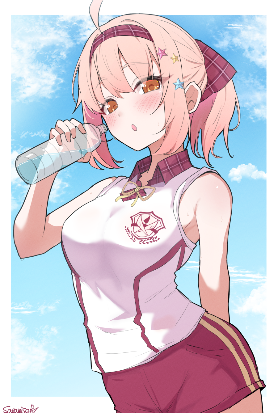 arm_behind_back bare_shoulders blue_sky bottle breasts chieru_(princess_connect!) chieru_(school_festival)_(princess_connect!) gym_shirt gym_shorts gym_uniform hair_ornament hairband highres holding holding_bottle large_breasts medium_hair pink_hair princess_connect! red_hairband red_shorts sazamiso_rx shirt shorts sky star_(symbol) star_hair_ornament symbol_in_eye