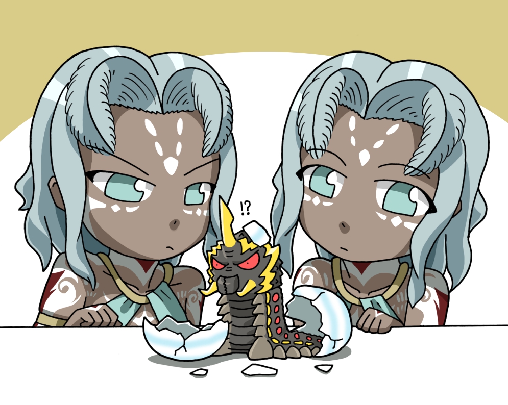 2girls antennae baby battra beni_beni136 blue_eyes bodypaint breasts bug chibi dark-skinned_female dark_skin egg frown godzilla:_city_on_the_edge_of_battle godzilla_(series) godzilla_vs._mothra hatching houtua larval maina miana monster_girl multicolored_hair multiple_girls polygon_pictures red_eyes siblings sisters small_breasts tattoo toho tribal tribal_tattoo twins two-tone_hair