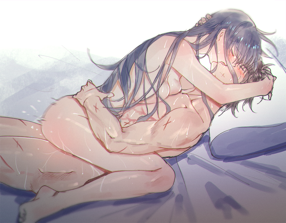 1boy 1girl ass barefoot bed_sheet blue_hair blush breast_press breasts chidori_kaname closed_eyes completely_nude cowgirl_position facial_scar floating_hair french_kiss full_body full_metal_panic! girl_on_top hetero hug kiss long_hair lorein lying manly medium_breasts motion_lines nude on_back pillow sagara_sousuke scar scar_on_cheek scar_on_face sex shiny_skin sideboob sketch straddling very_long_hair