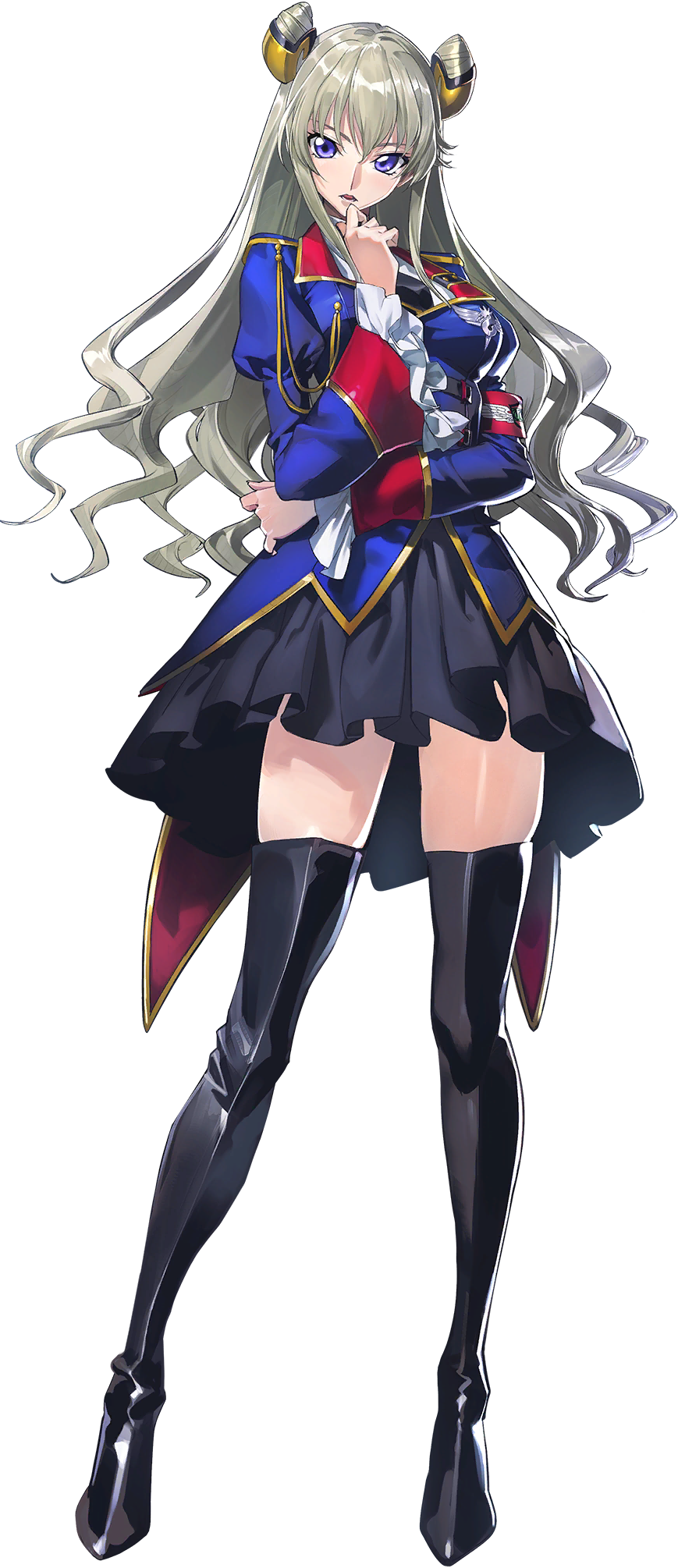 1girl armband black_necktie blonde_hair blue_eyes breasts clothes_lift code_geass code_geass:_boukoku_no_akito code_geass:_genesic_re;code cone_hair_bun double_bun hair_bun highres leila_malcal long_hair looking_at_viewer medium_breasts military_uniform necktie official_art red_armband simple_background skirt skirt_lift sleeves_past_wrists smile solo thighhighs transparent_background upper_body zettai_ryouiki